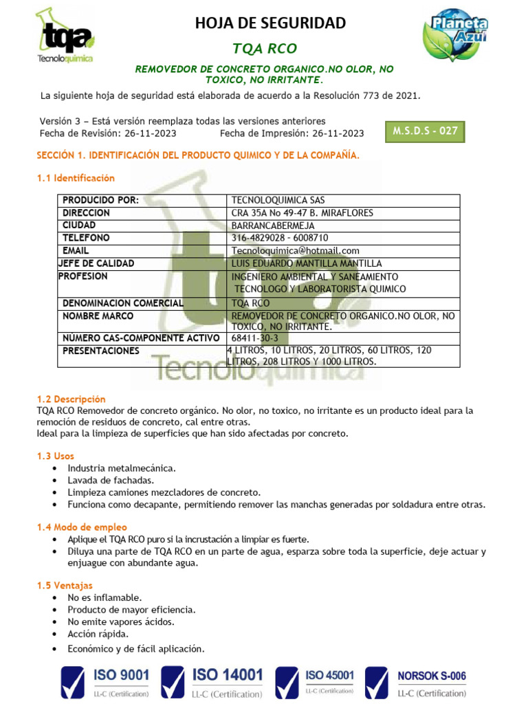 M.S.D.S. - TQA Removedor Concreto | PDF | Agua | Primeros auxilios