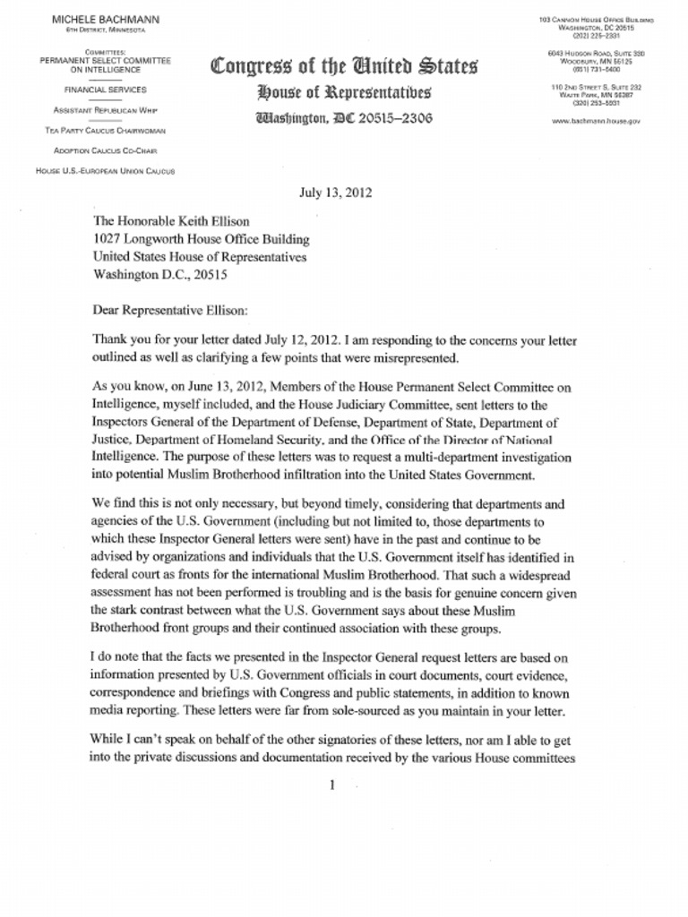 Bachmann Letter Responding to Ellison 