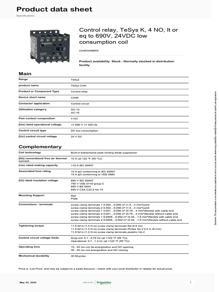Schneider Electric TeSys Deca K and SK Control Relays CA4KN40BW3 | PDF ...