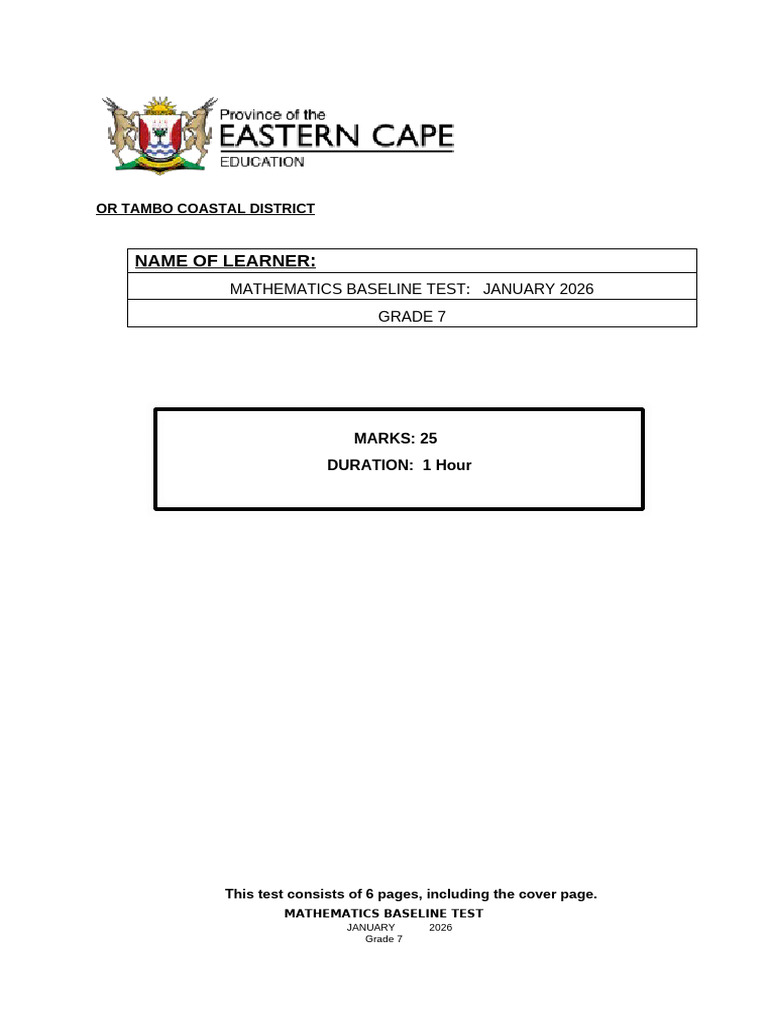 Grade 7 Baseline Test 2026 | PDF | Elementary Mathematics | Number Theory