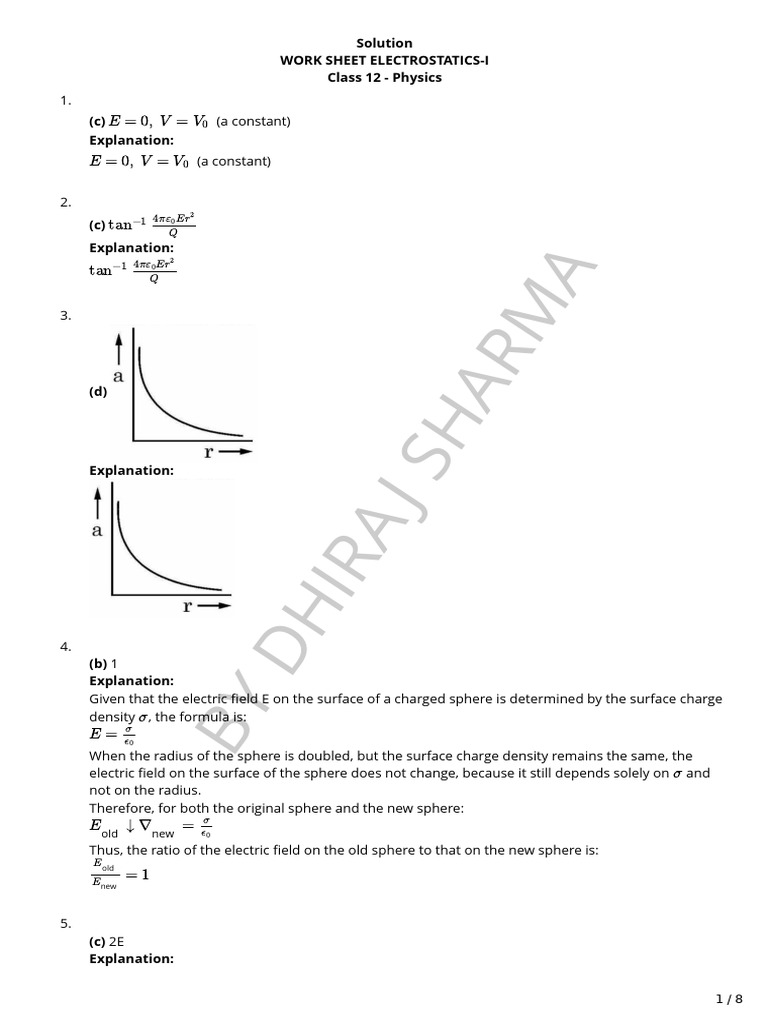 Electrostatics MCQ Solution | PDF | Electric Field | Sphere