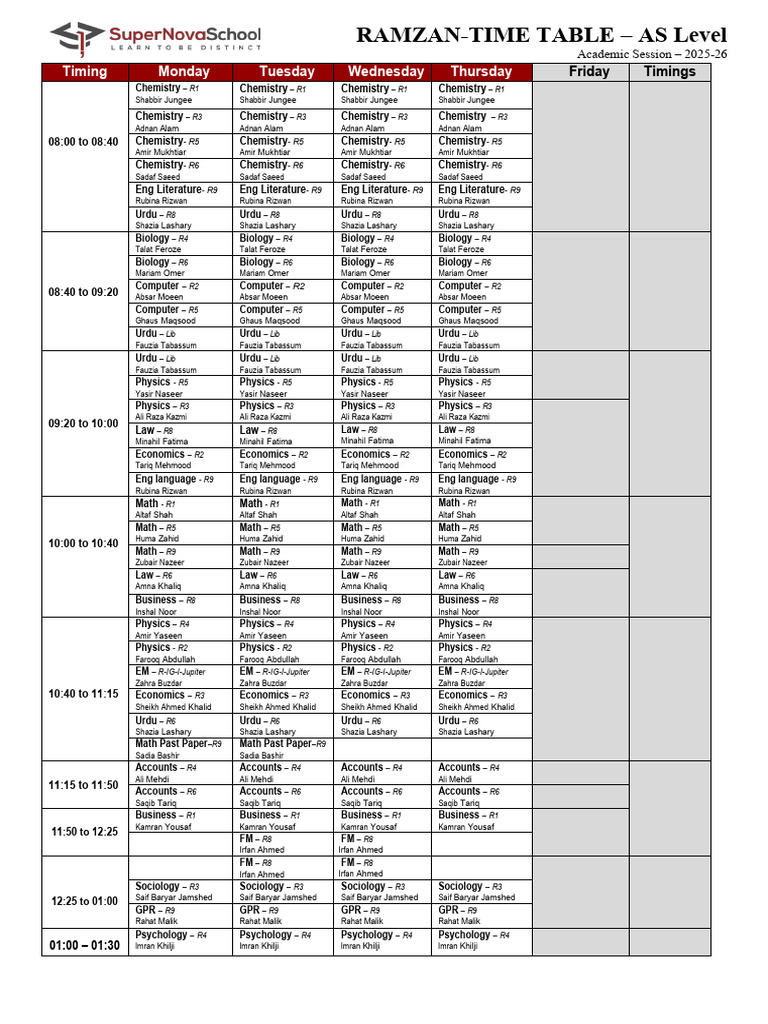 TIME TABLE 2025-26 A Levels - Ramzan Supernova School | PDF