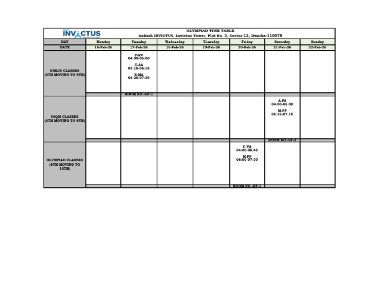 Olympiad Aakash Invictus TIME TABLE 16 Feb To 22 Feb 2026 | PDF
