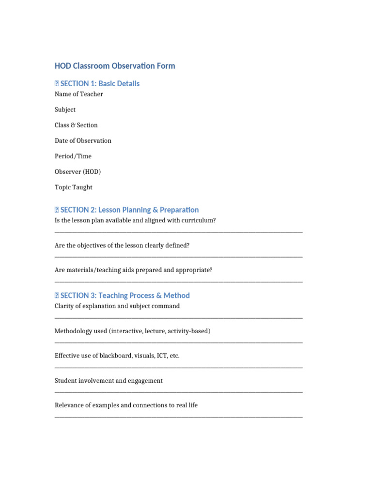 HOD Classroom Observation Form | PDF | Teachers | Human Communication