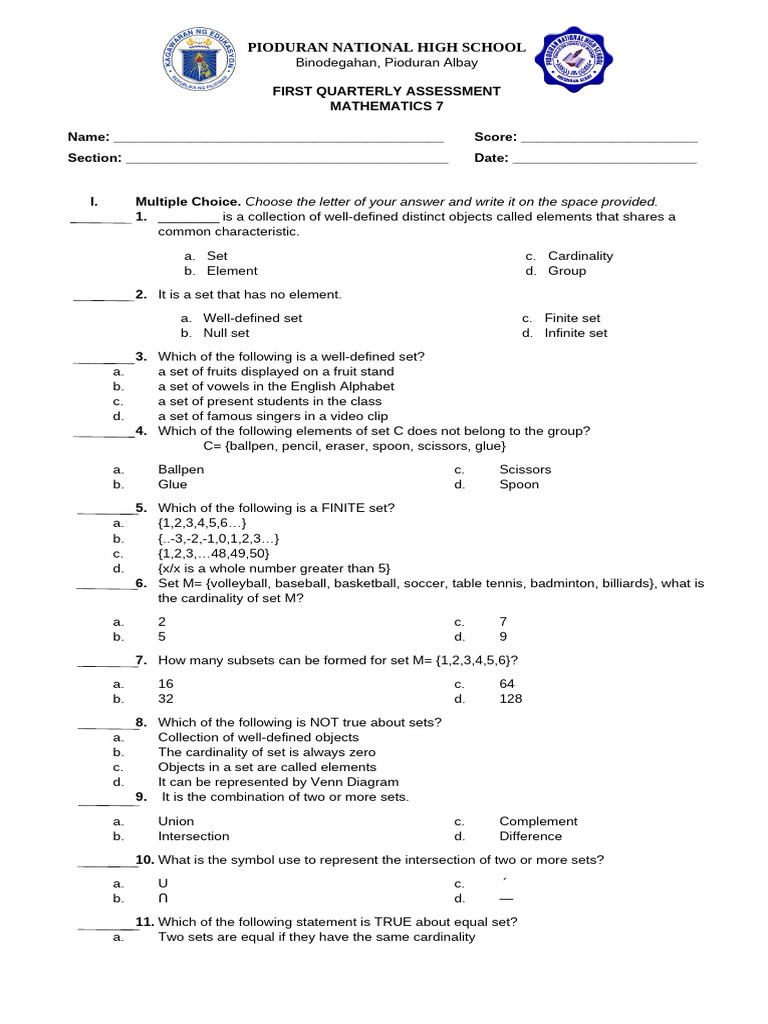 First Quarter Exam Math 7 | PDF | Set (Mathematics) | Numbers