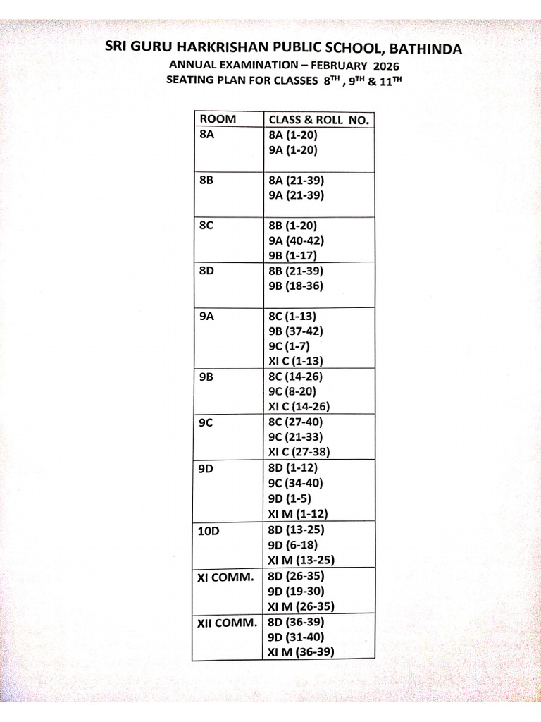 Seating Plan (8th, 9th&11th) | PDF
