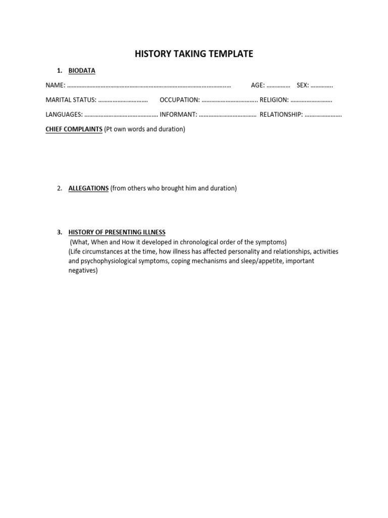 History Taking Template | PDF | Psychology | Cognition