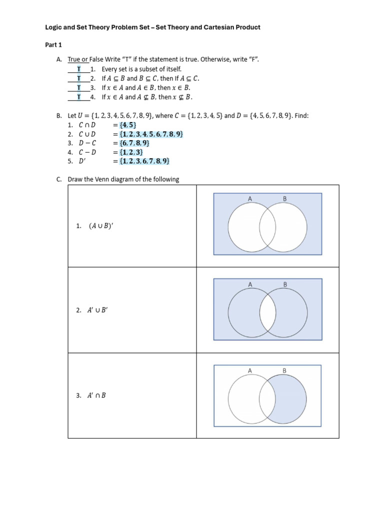 Set Theory Problem Set - Set Theory and Cartesian Product | PDF ...