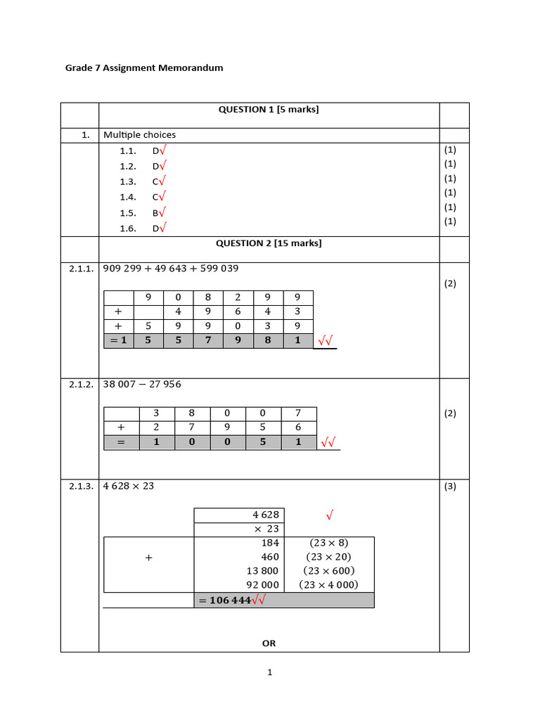 Grade 7 2025 Assignment Memorandum | PDF