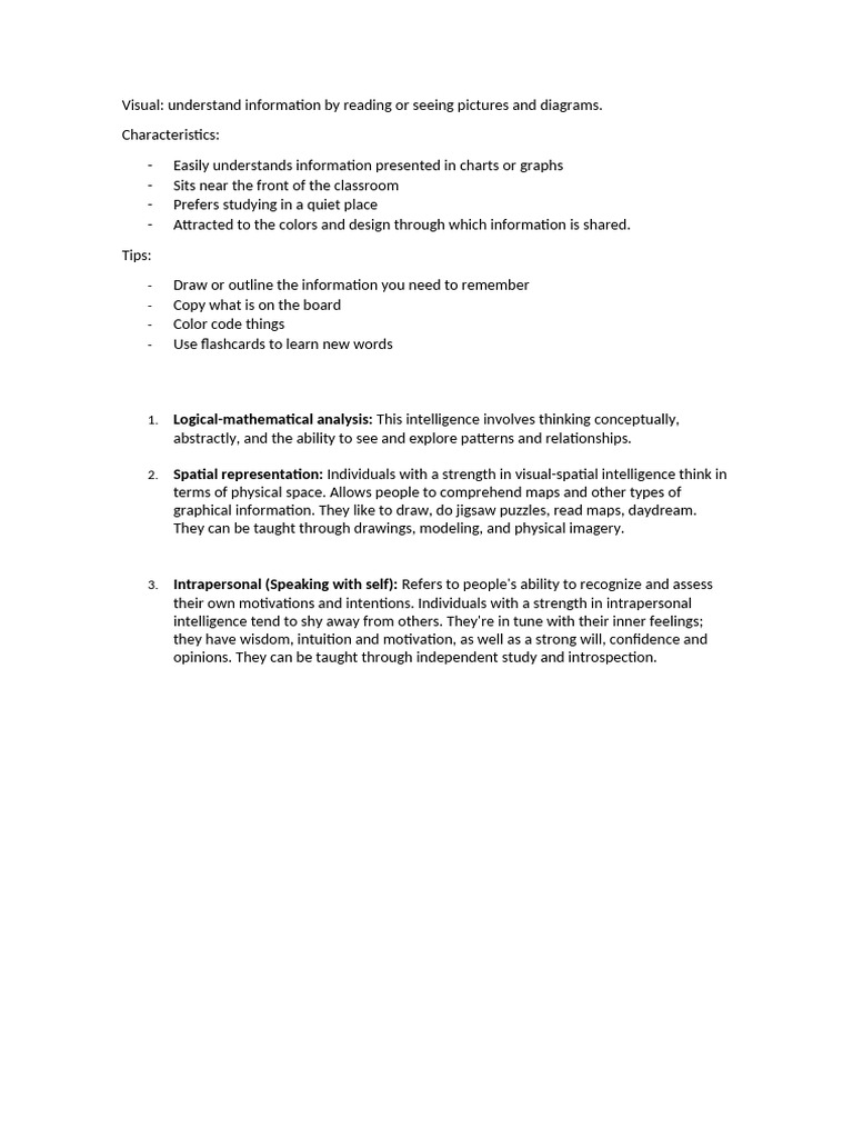 Notes of Intelligences and Types of Learners | PDF