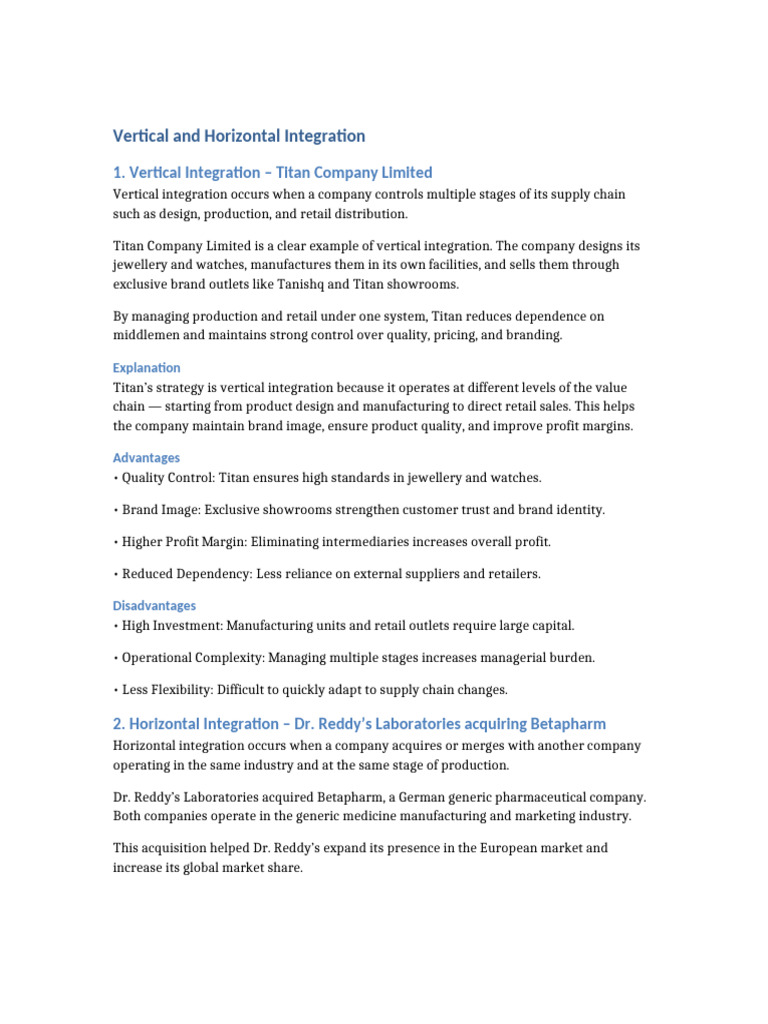 Vertical and Horizontal Integration Titan DrReddys | PDF | Mergers And ...