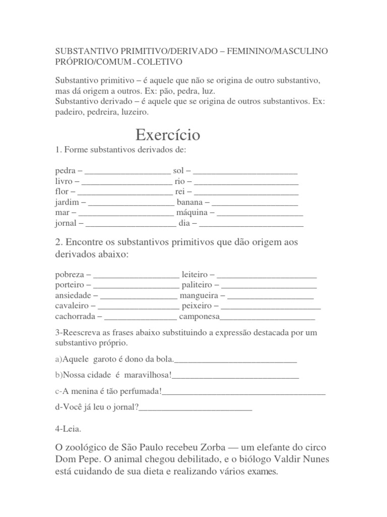 Escreva Um Substantivo Derivado Para Cada Substantivo Primitivo