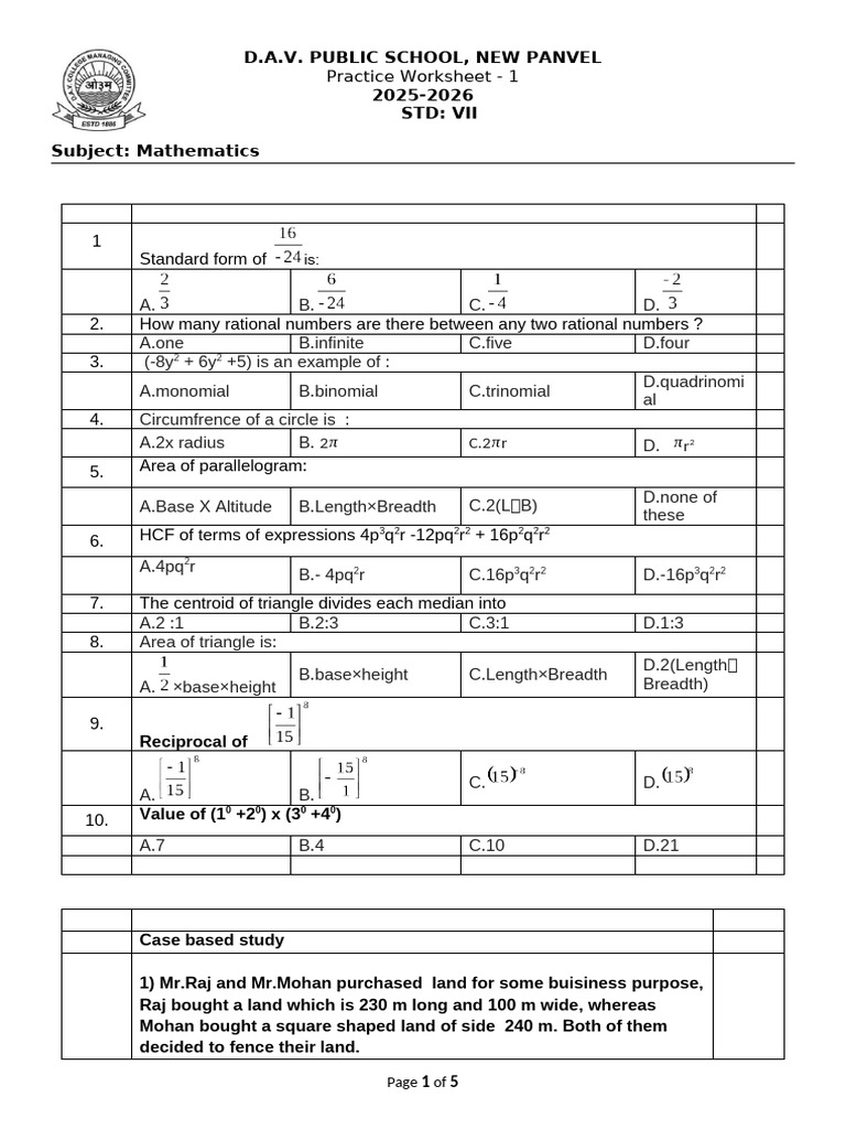 Practice Worksheet 1 VII (MATHS) 2025-26 | PDF | Area | Elementary ...