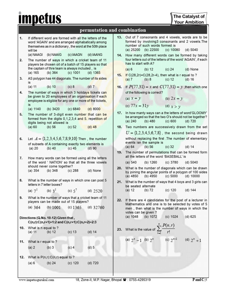 Permutation and Combination (08..09..21) | PDF | Numbers | Mathematics