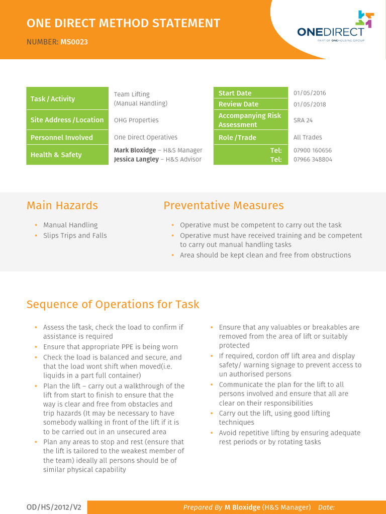 Ms0023 Team Lifting Manual Handling | PDF | Emergency | Dangerous Goods