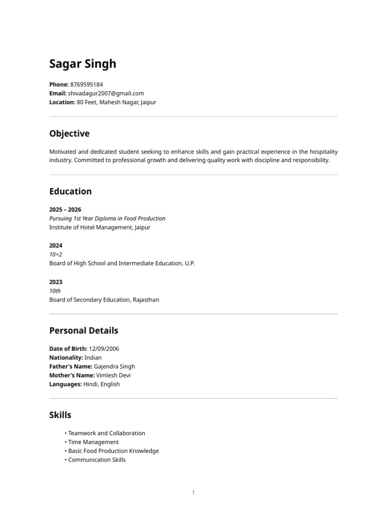 Sagar Singh Resume | PDF