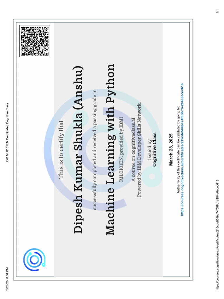 Ibm Machine Learning With Python Certificate | PDF