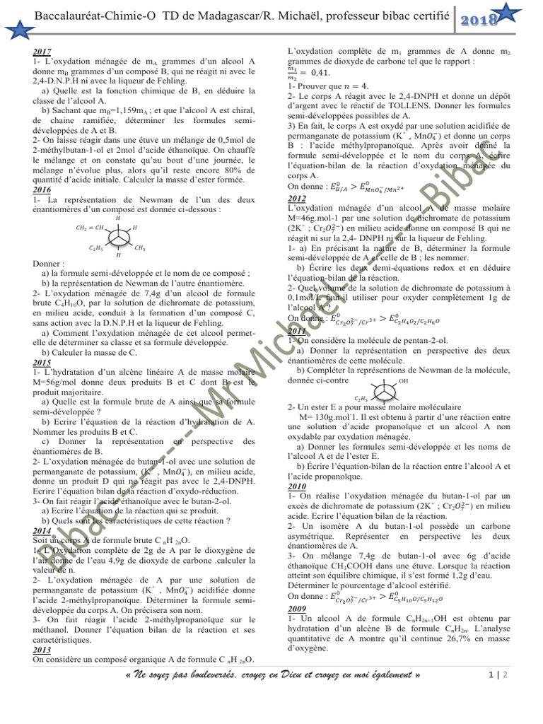 Chimie-Organique Bac TD de Madagascar, Par Michael-Bibac | PDF ...