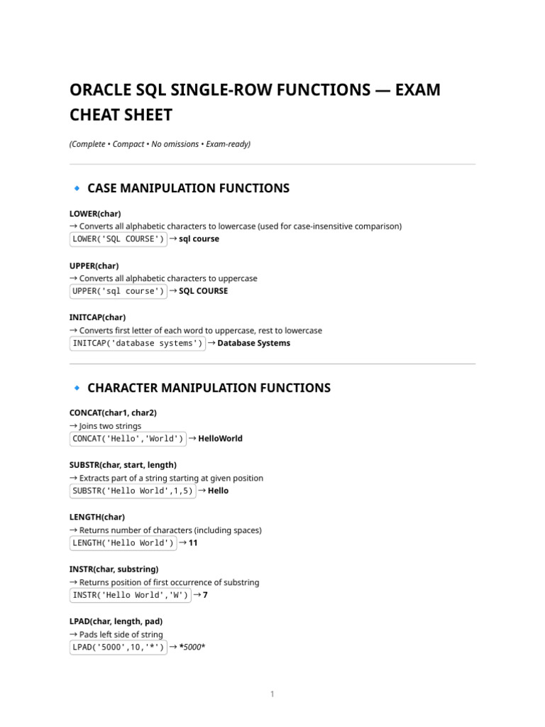 Oracle SQL Single-Row Functions - 1 Page Exam Cheat Sheet | PDF ...