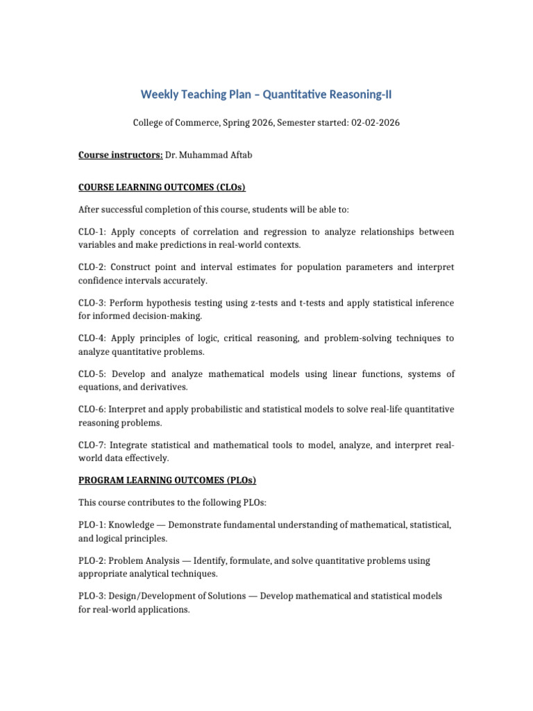 Weekly Plan Quantitative - Reasoning-II - Commerce | PDF | Statistics ...