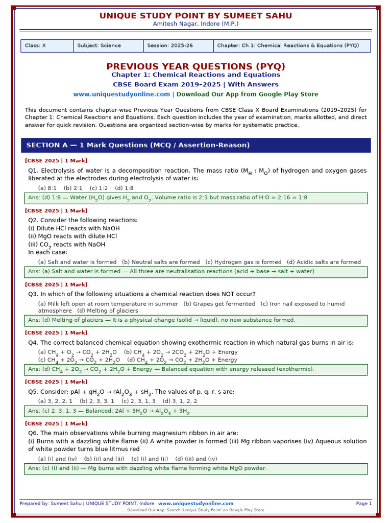 PYQ Ch1 Chemical Reactions Equations | PDF | Chemical Reactions | Chemistry
