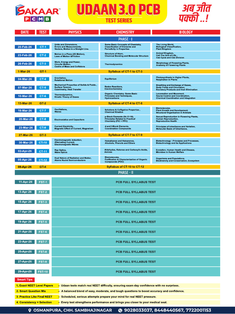 Udaan 3.0 Test Series Time Table-1 | PDF