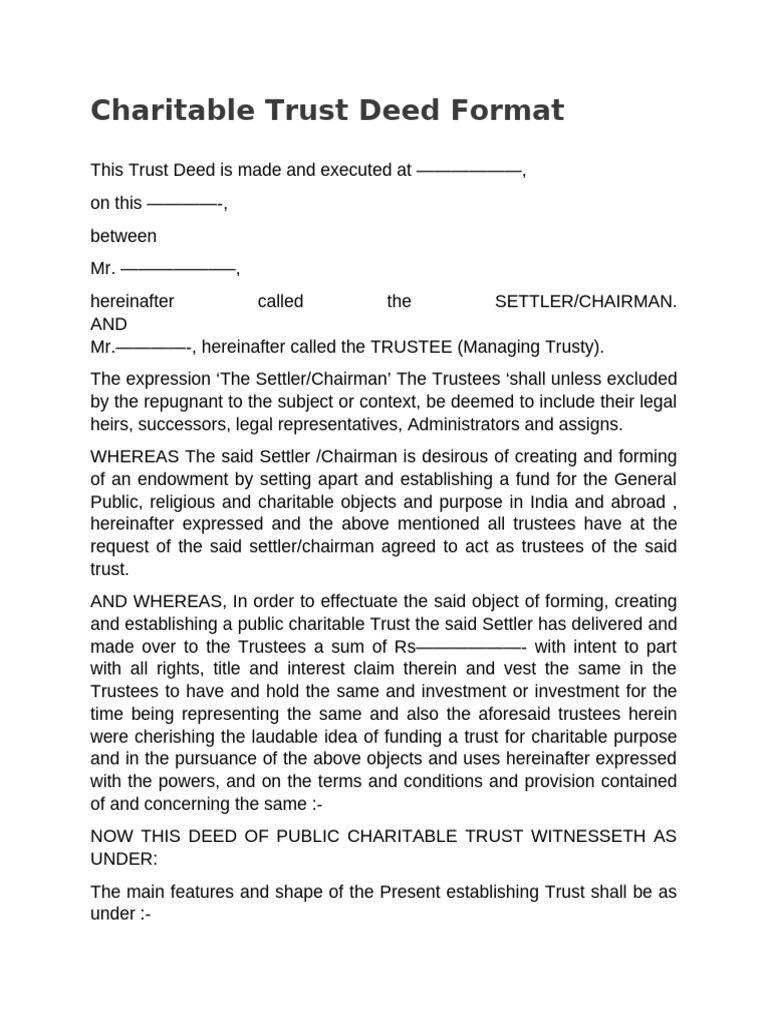 Charitable Trust Deed Format | PDF | Trustee | Board Of Directors