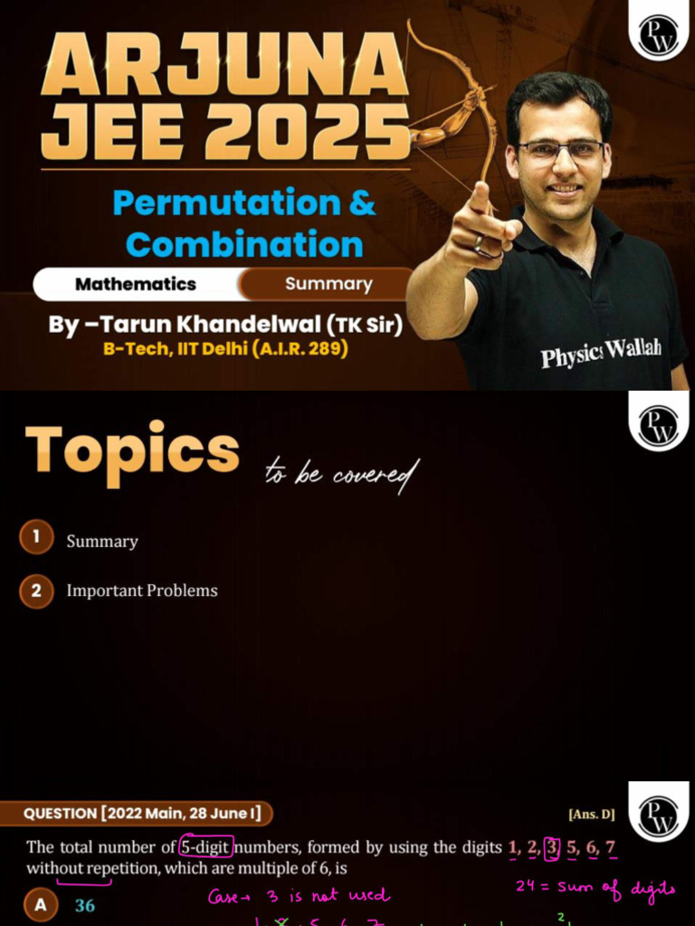 Permutation and Combination Summary Lecture Class Notes Arjuna JEE | PDF