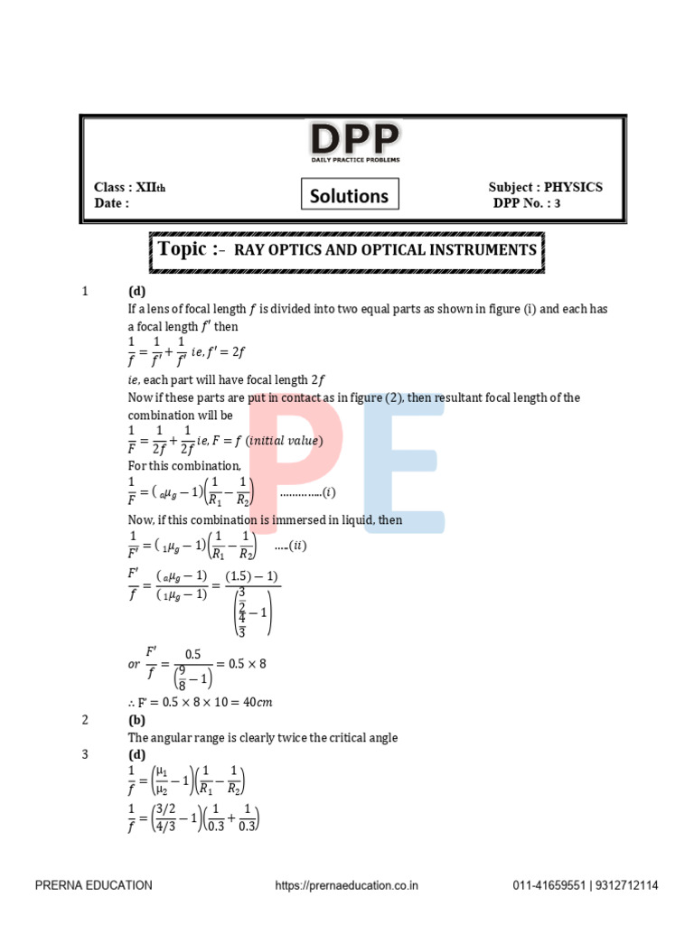 Ray Optics and Optical Instruments DPP 3 SOLUTION | PDF | Waves | Light