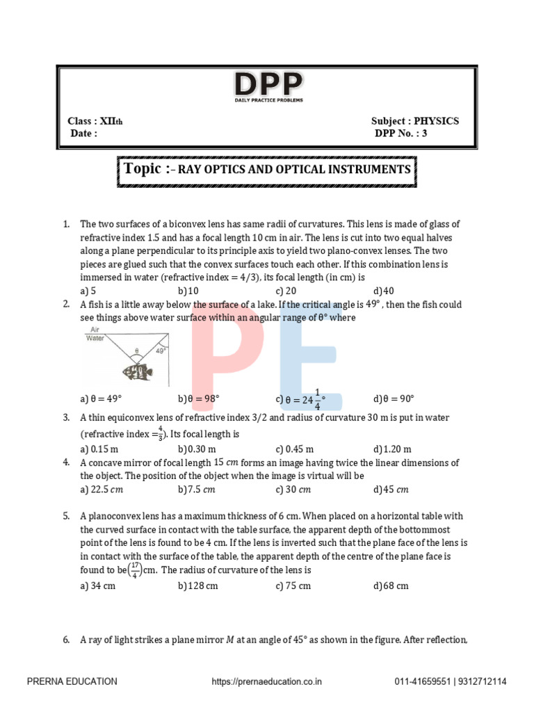 Ray Optics and Optical Instruments DPP 3 | PDF | Refraction | Optics