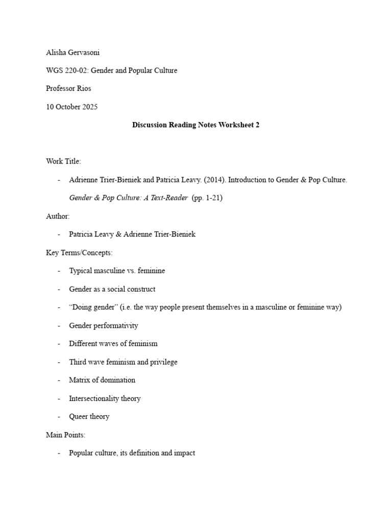 2 WGS 220 Discussion Reading Notes 2 | PDF | Gender | Gender Studies