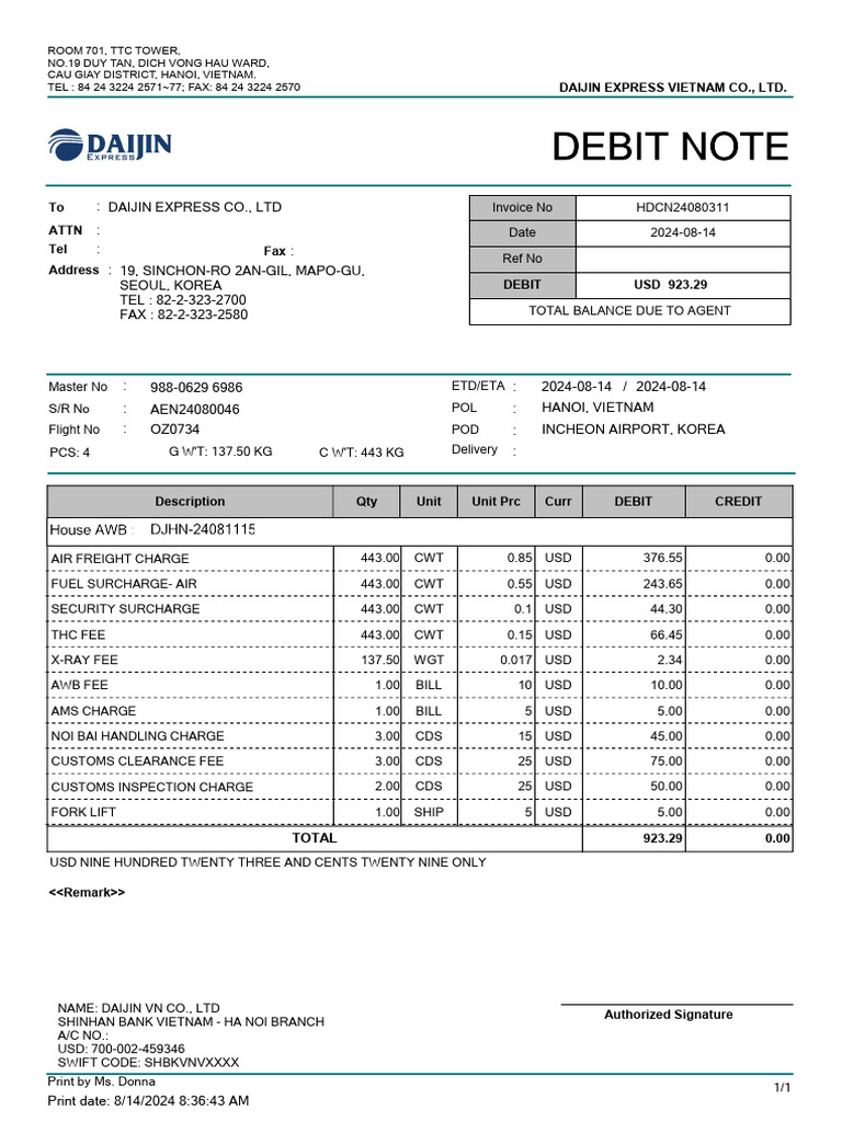 Debit Note Djhn-24081115 | PDF