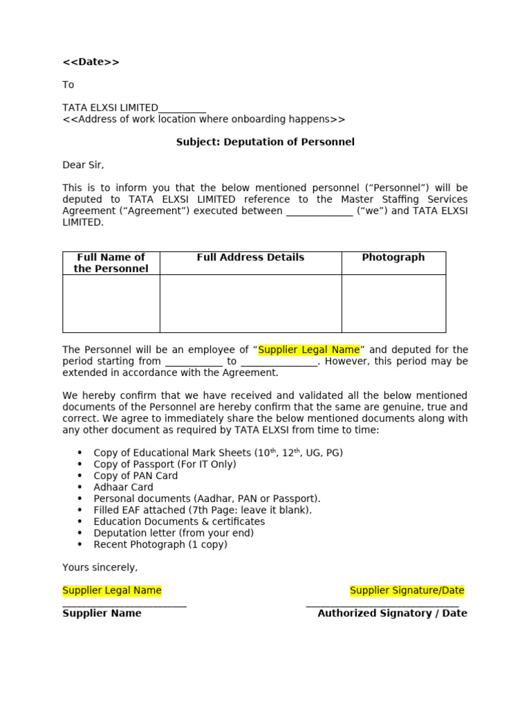 TPC Deputation Letter-Tata Elxsi | PDF