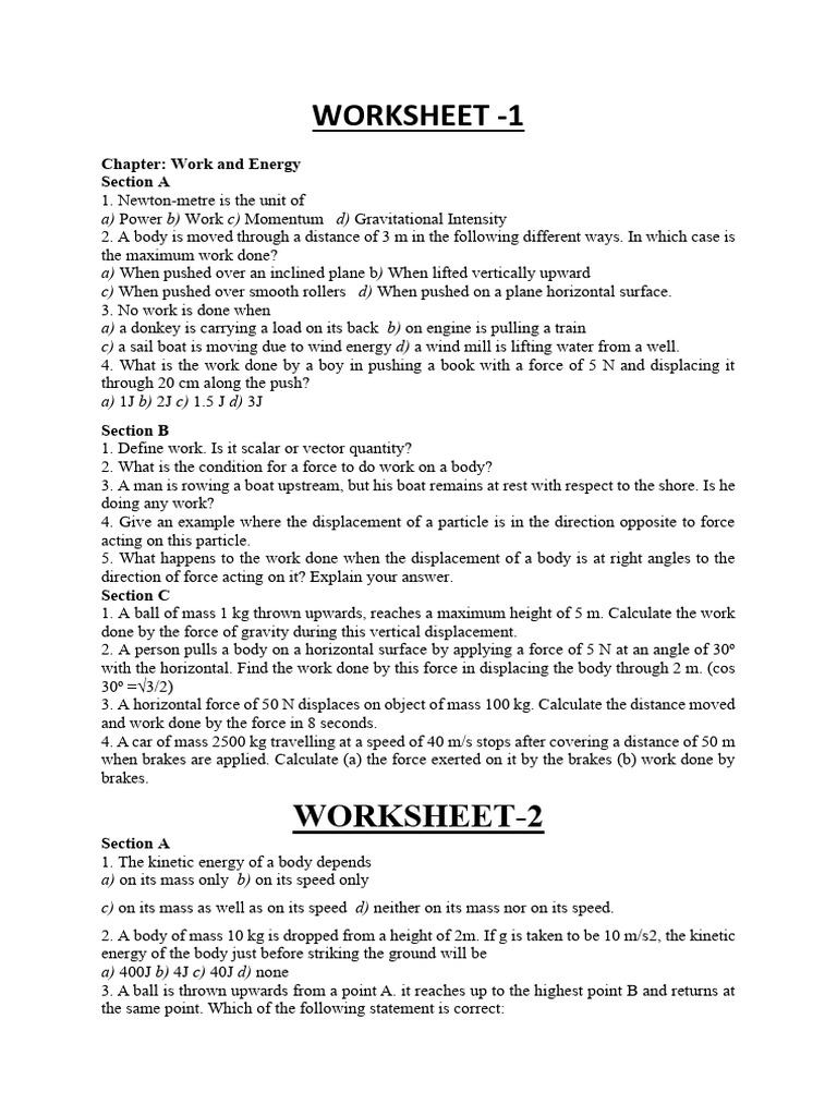 WORKSHEET Work Energy School 9 | PDF | Kinetic Energy | Force