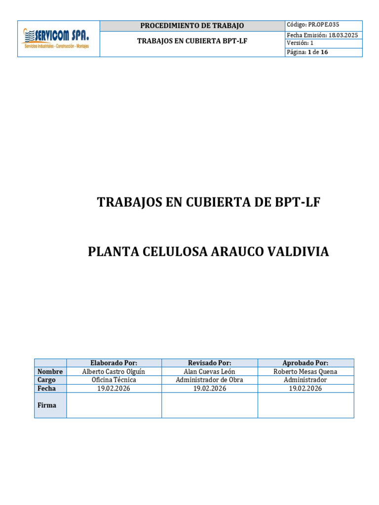 PR - OPE.001 - Trabajos en Cuberta | PDF