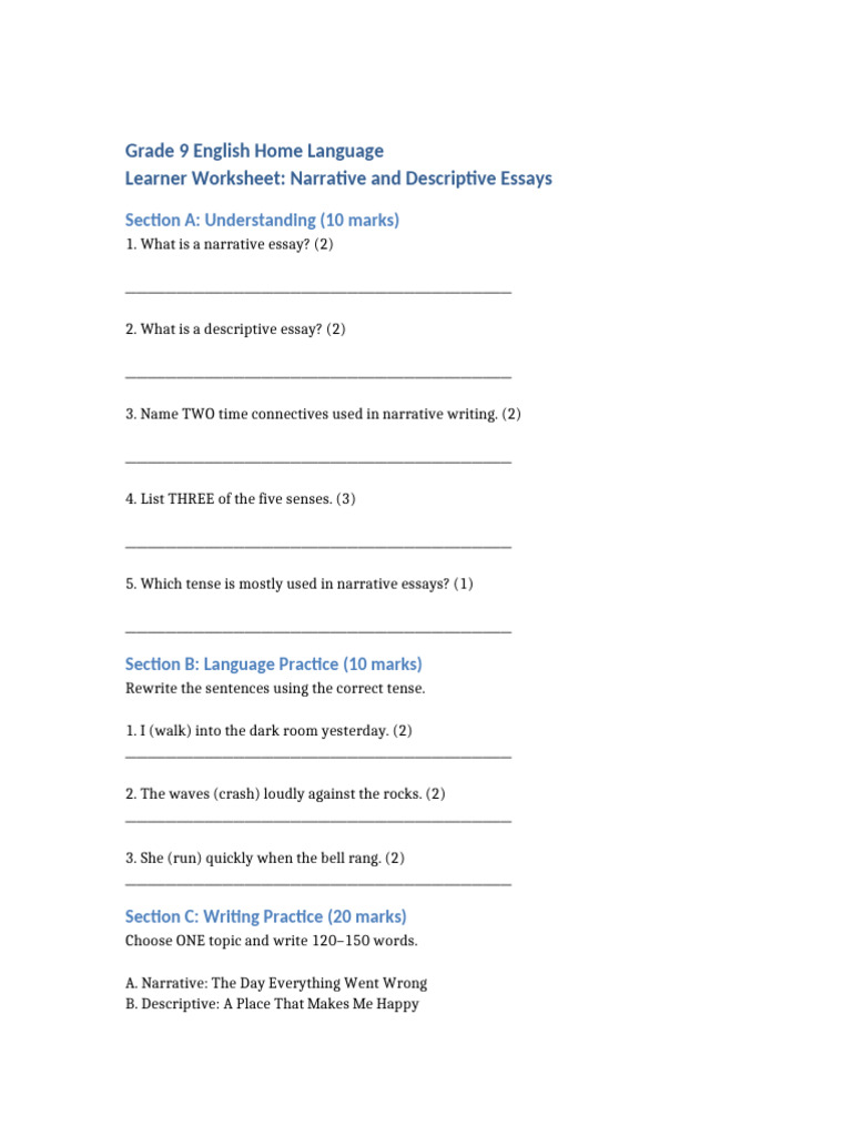 Grade 9 Learner Worksheet Essays | PDF