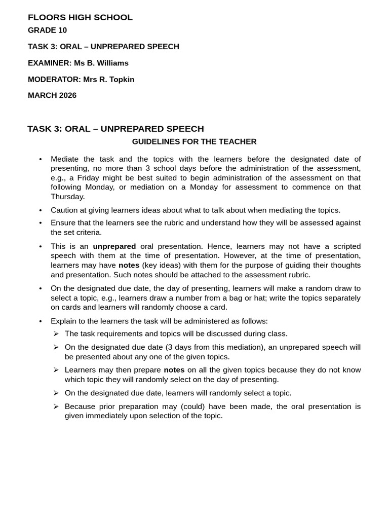Grade 10 Task Three - Unprepared Speech (Term One 2026) | PDF | Body ...