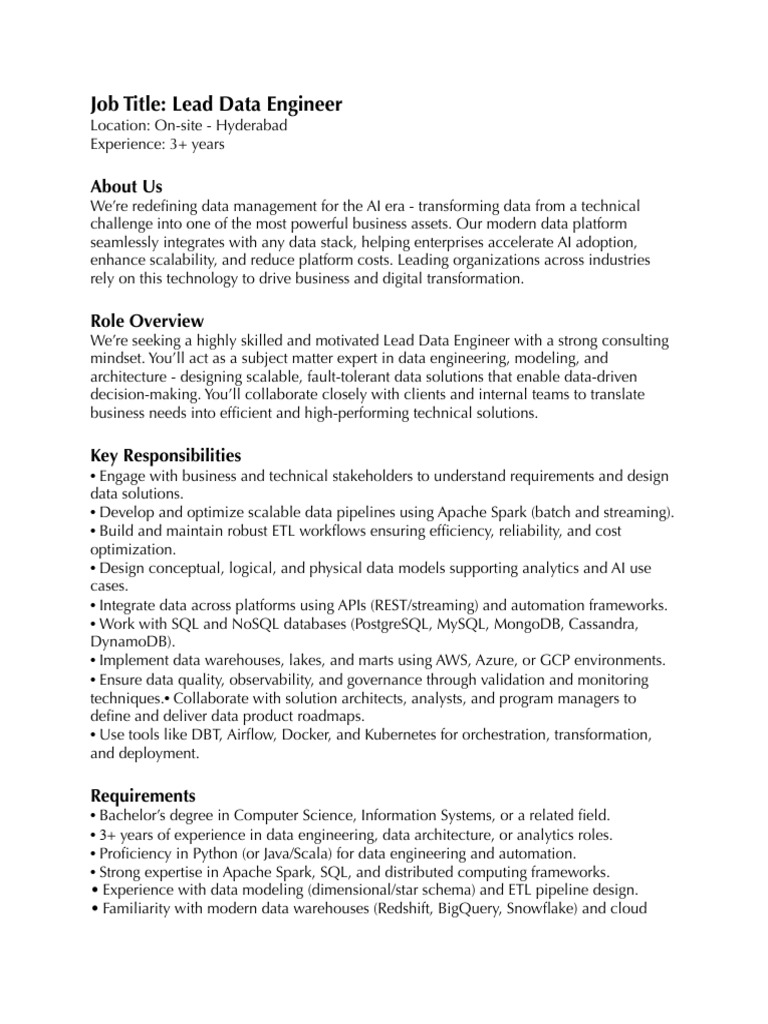 JD Data Engineer 3 Years Experience 1 | PDF | Computing | Software ...