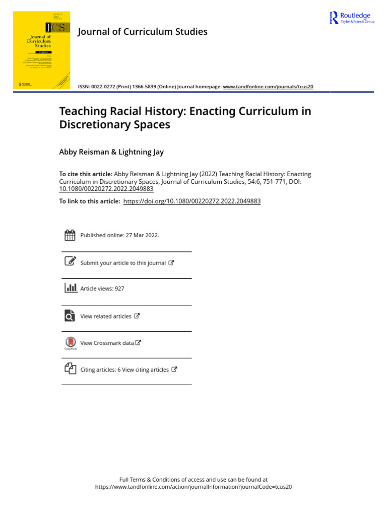 Teaching Racial History Enacting Curriculum in Discretionary Spaces ...