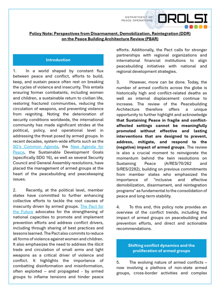 Policy Note - Perspectives From DDR On The PBAR | PDF | Peacebuilding ...