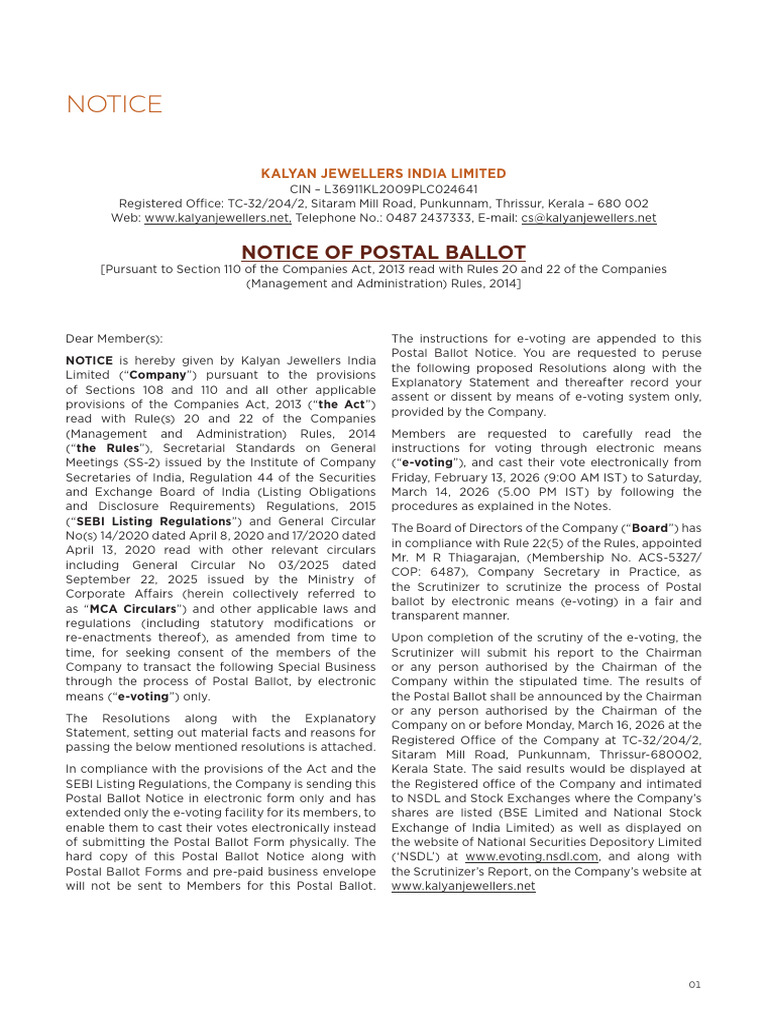 Kalyan Postal Ballot Notice | PDF | Login | Electronic Voting