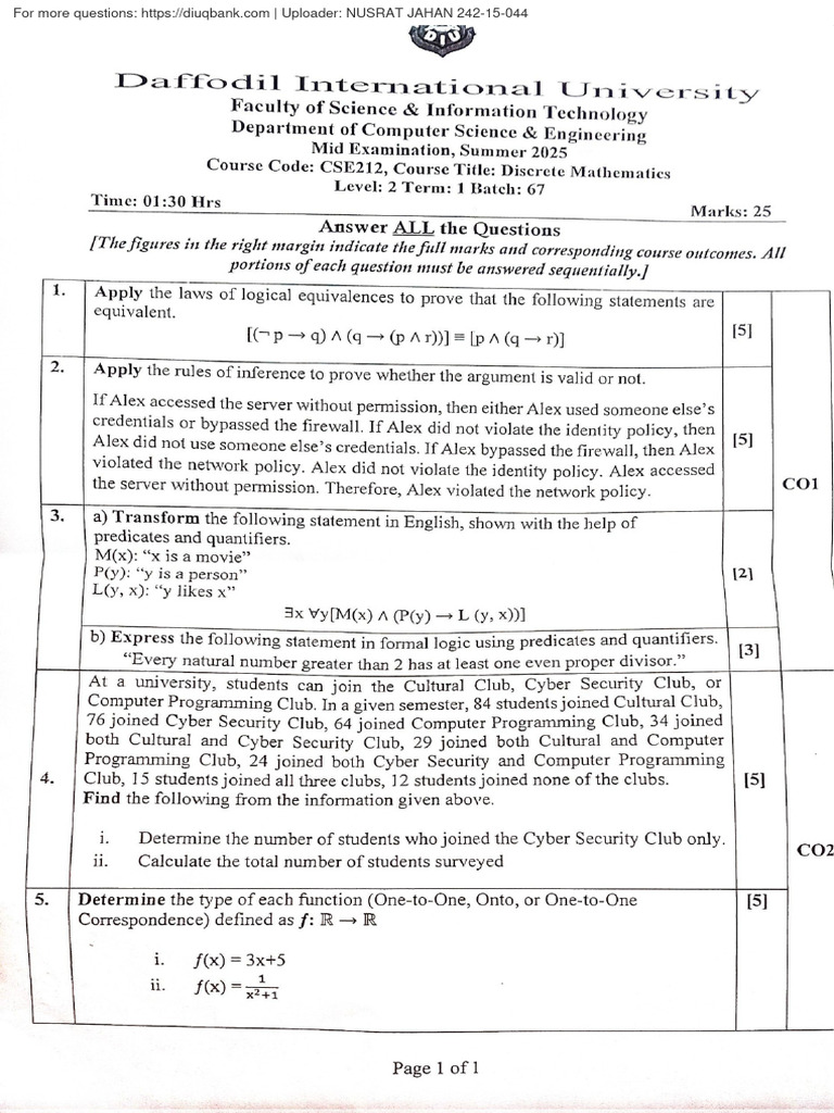 Discrete Mathematics Summer 25 Mid | PDF