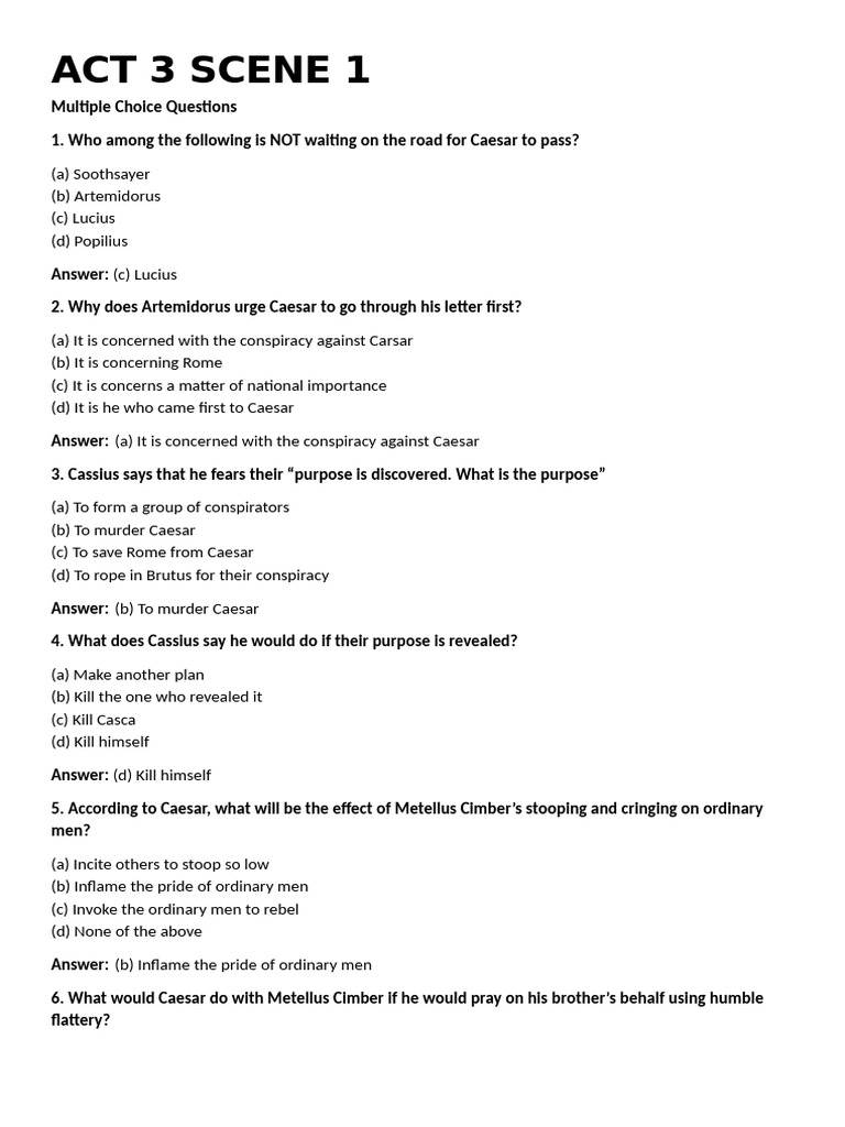 Julius Caesar Act 3 Question &amp; Answers | PDF | Mark Antony | Julius Caesar