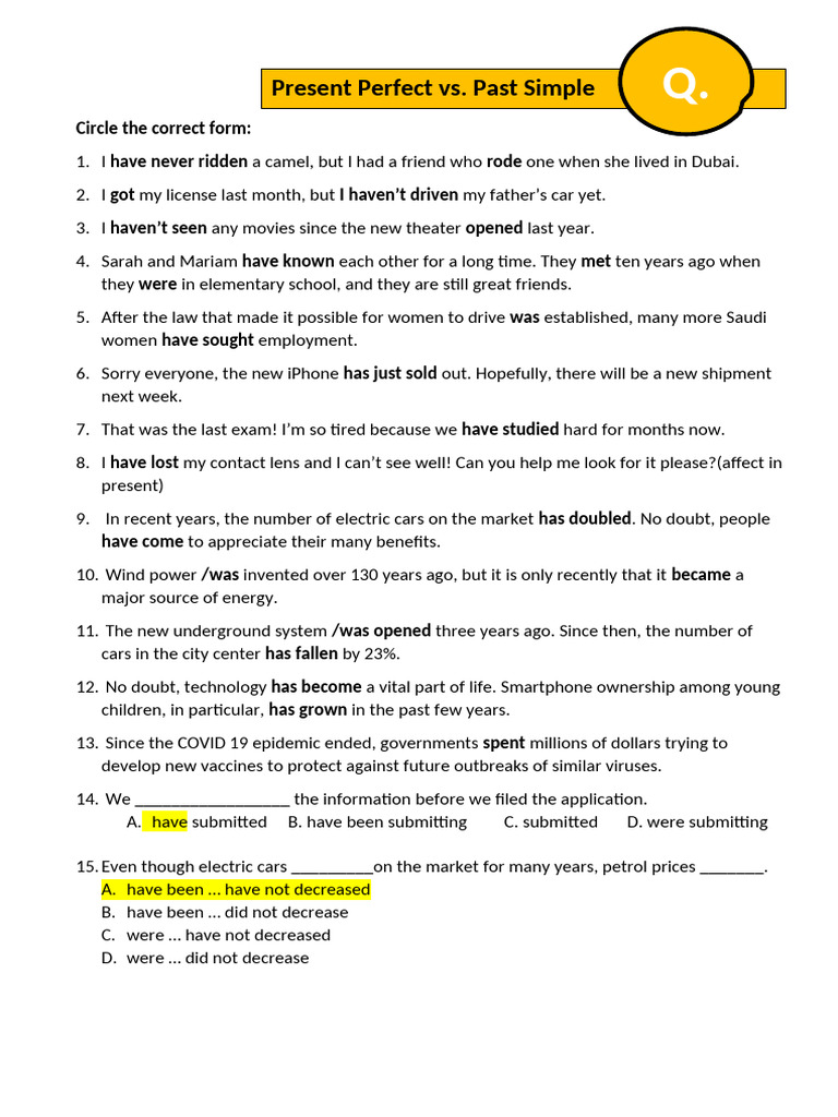 T252 G4 Present Perfect Vs Past Simple Handout | PDF