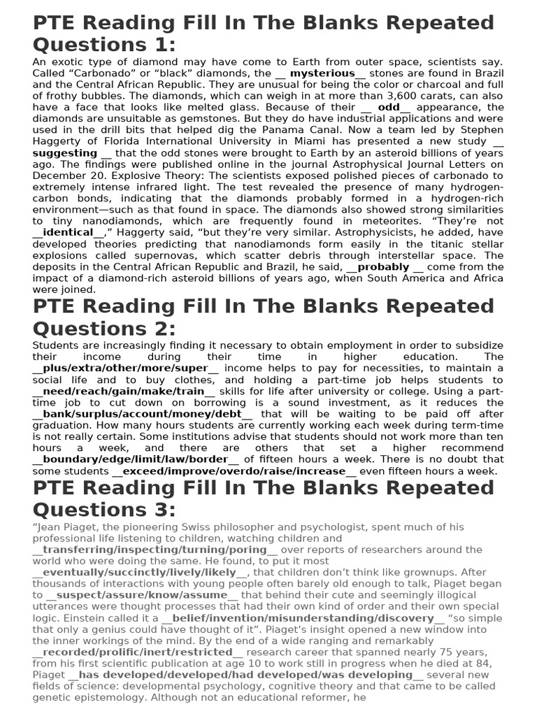 PTE Reading Fill in The Blanks Repeated Questions | PDF | Diamond | Flowers