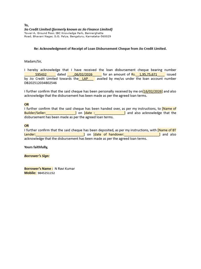 Acknowledgement of Disbursement Cheque | PDF