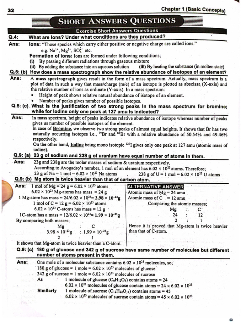 Chemistry Ch1 Ex. Short Questions | PDF