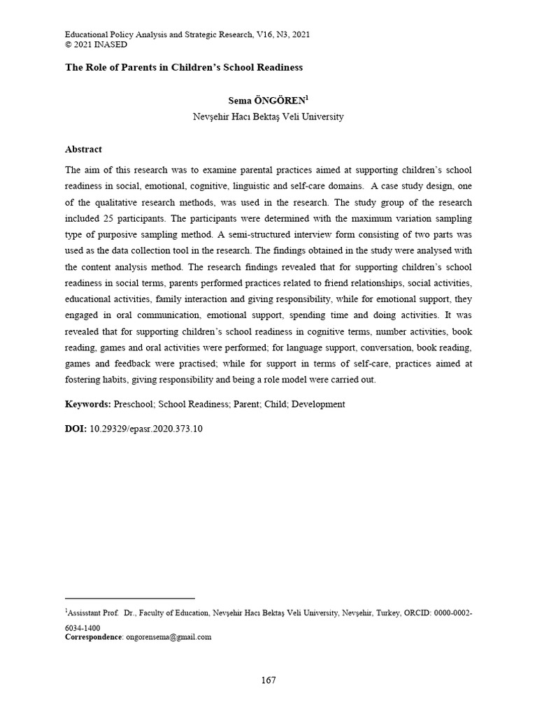 The Role of Parents in Children's School Readiness Ongoren 2021 | PDF ...