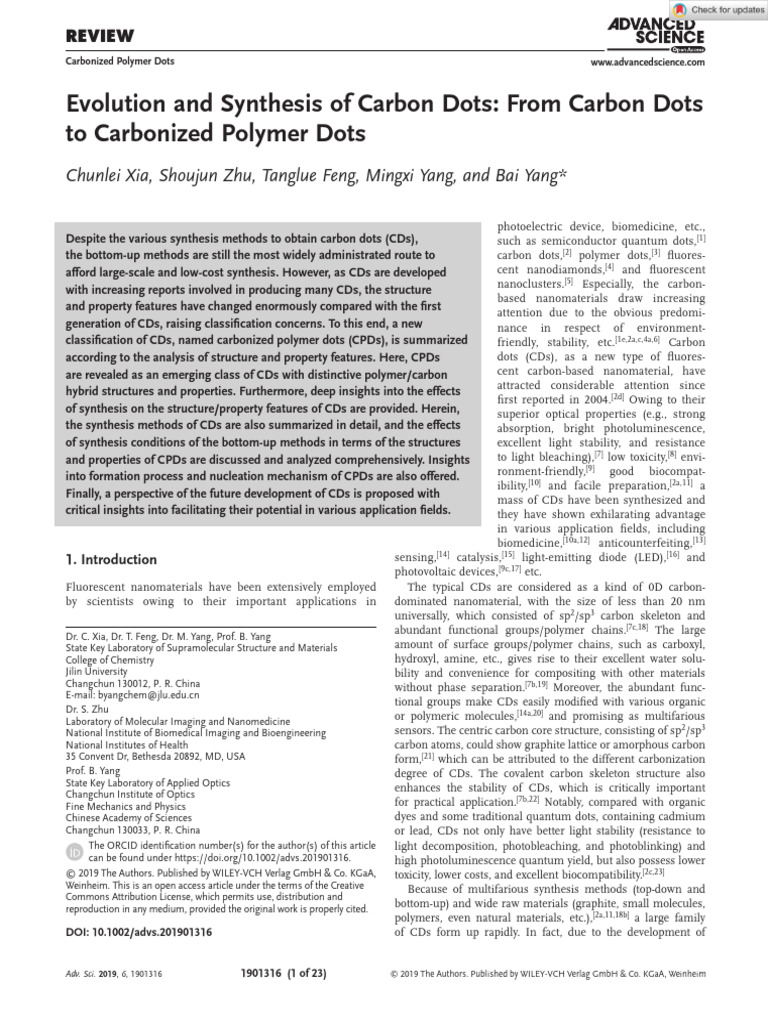 Advanced Science - 2019 - Xia - Evolution and Synthesis of Carbon Dots ...