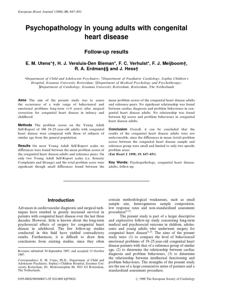 Psychopathology in Young Adults with Congenital Heart Disease | PDF ...